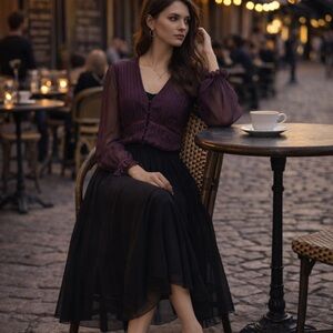 Whimsigoth Plum Purple 100% Silk Sheer Blouse Pleated Romantic Soft Boho Top 16